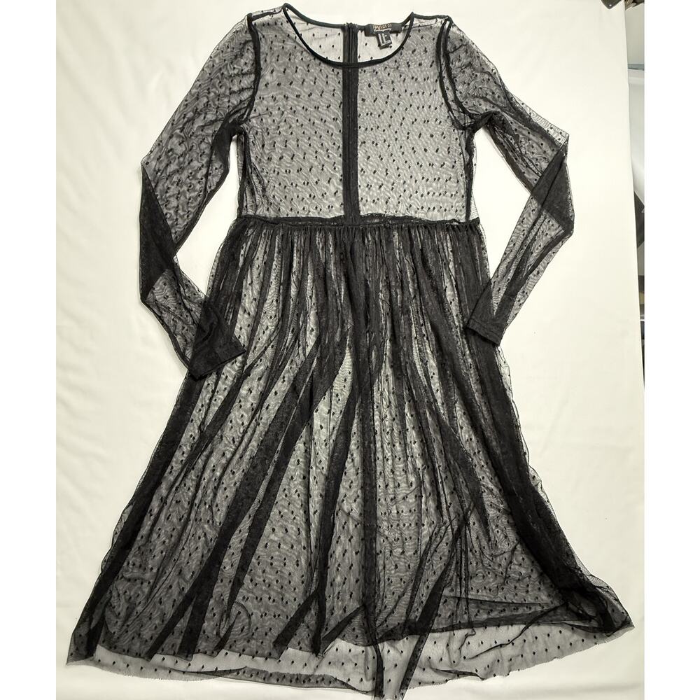 Forever 21 black sheer mesh dress Sz XL (junior) long sleeves black polka-dot - Picture 2 of 8